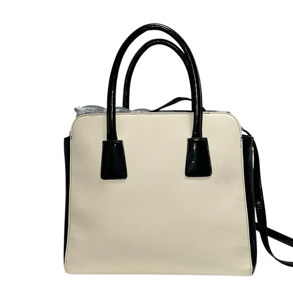 Betsey Johnson Large SATCHEL BLACK WHITE with BIG BOW Zig Zag Print Faux Leather
